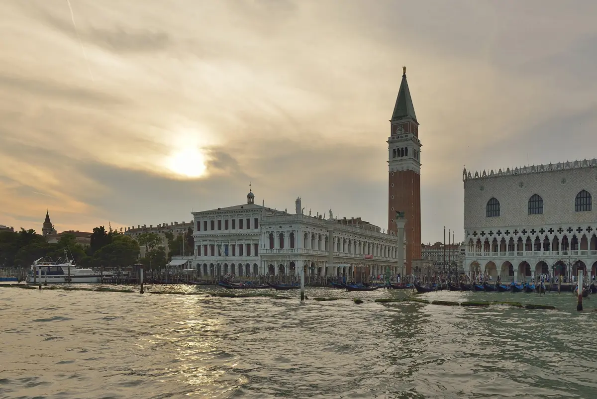 The Campanile and the Piazzetta seen from the water at dusk