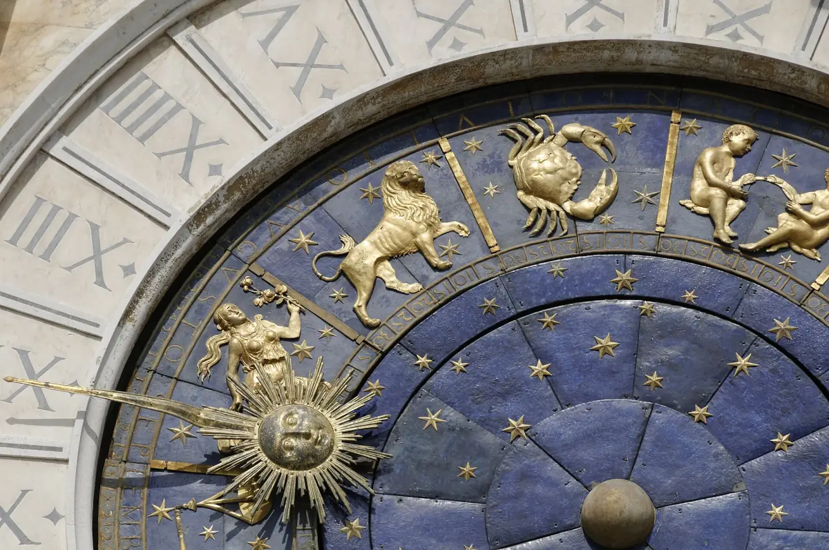 The blue and gold zodiac dial of the Clock Tower
